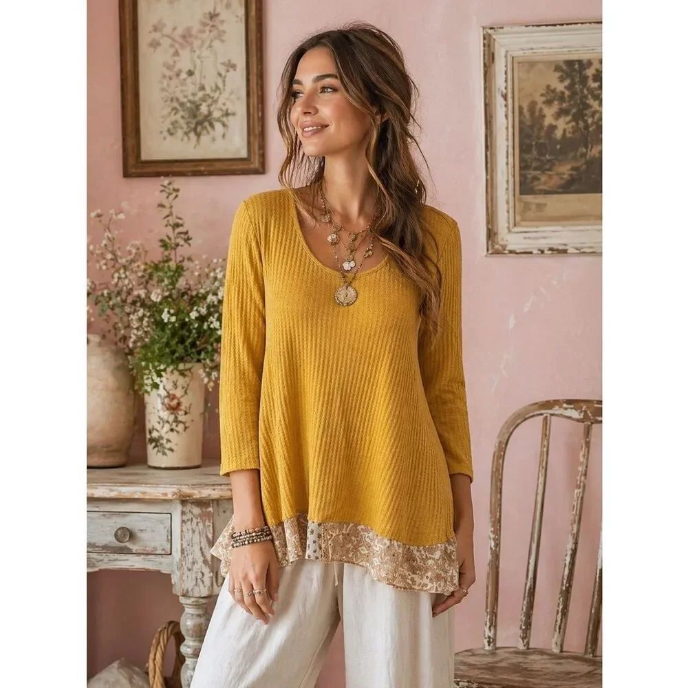 Anthropologie JODIFL Gold Ribbed 3/4 Sleeve Tunic with floral accent